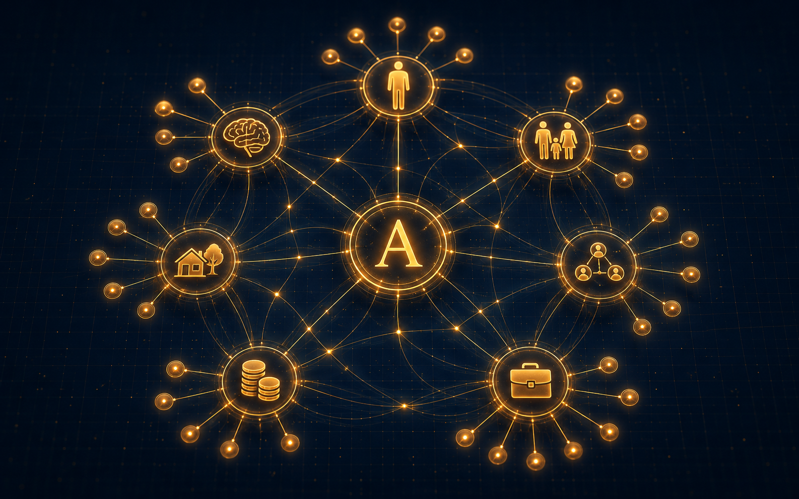 My system across 7 spheres — body, mind, family, network, business, money and environment. At the centre: Α (ARETE).